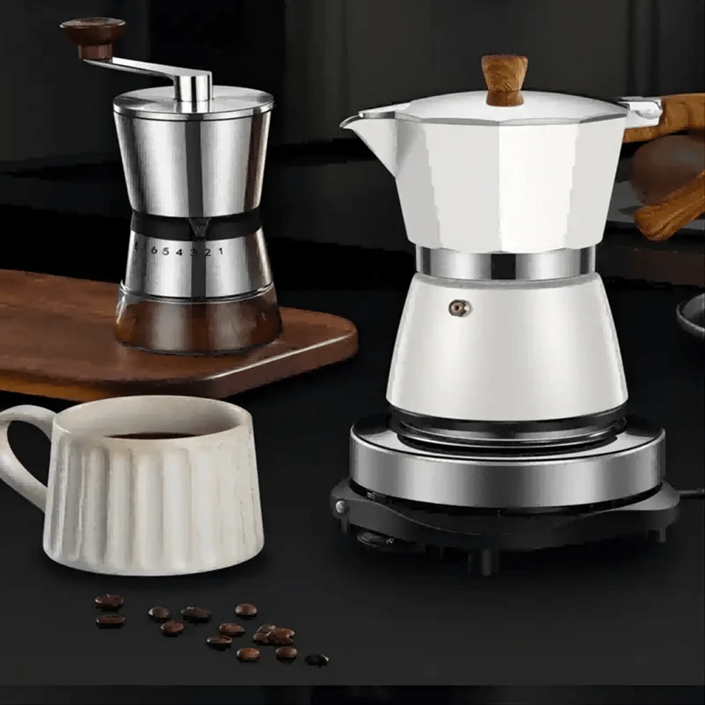 Nồi Moka Nhôm Cà phê hơi Cổ điển Tiếng Ý Nhôm Ấm đun nước Với Tay cầm bằng gỗ - trắng - Xem 1