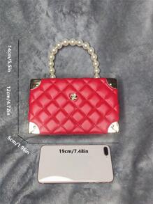 Quilted Plain Diamond Grid Pearl Rhinestone Decor Handbag With Metal Chain Strap And Flap Lock Closure, Small Boxy Fashion Gift Purse For Women - Red - View 8