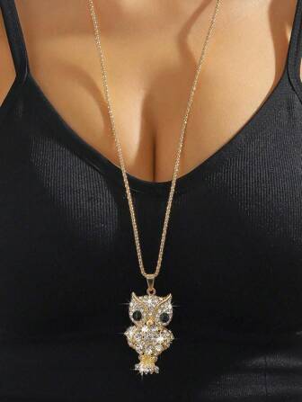 1 件全新歐美風格精緻滿鑽水鑽貓頭鷹吊墜項鍊時尚百搭女式長鏈