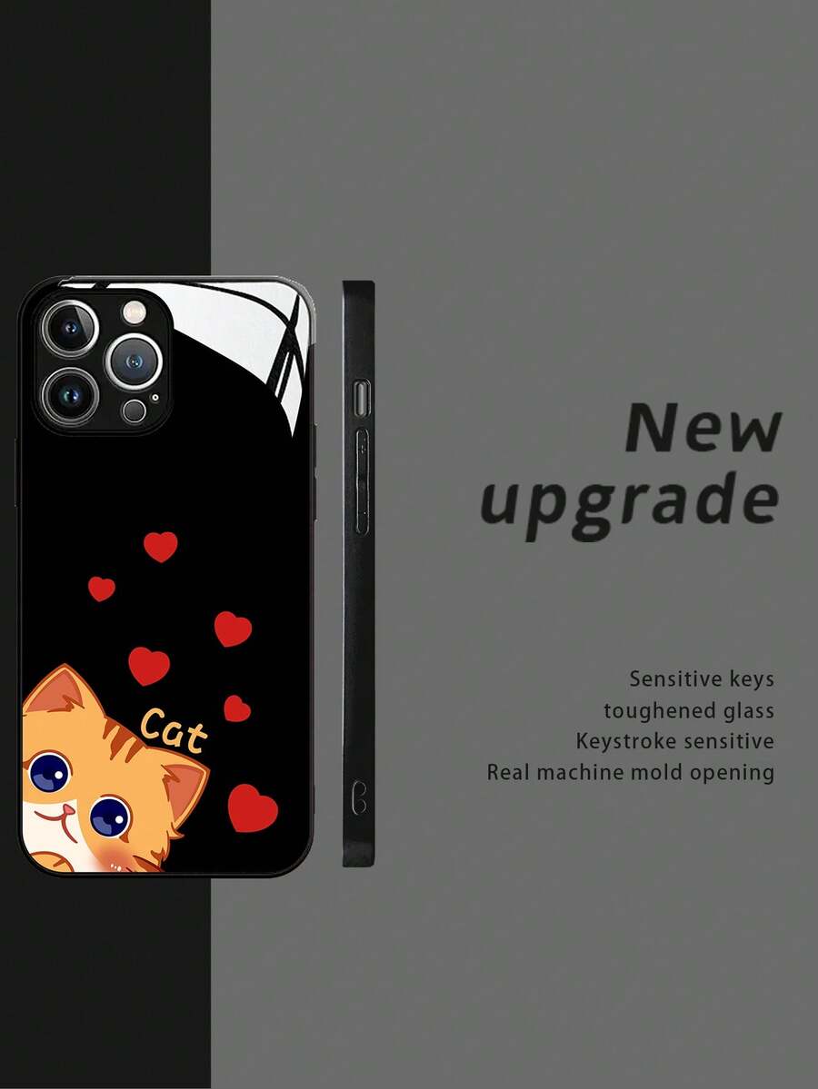 KOOLIFE 心形猫印花玻璃和黑色 TPU 手机壳适用于 iPhone 14 Pro，简约时尚的保护套 - 探頭愛心貓貓-黑 - 查看 1