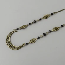 Boho Style Hollow Out Moon Pattern Head Chain With Natural Stone Crystal Beads Hair Jewelry, Antique Bronze & Black Crystal - Army Green - View 3