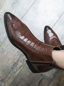 男士冬季靴子,英式高筒皮靴,尖頭鱷魚紋切爾西靴,商務正裝辦公室鞋,側拉鍊設計,適合派對及新郎婚鞋 - 棕色 - 查看 2