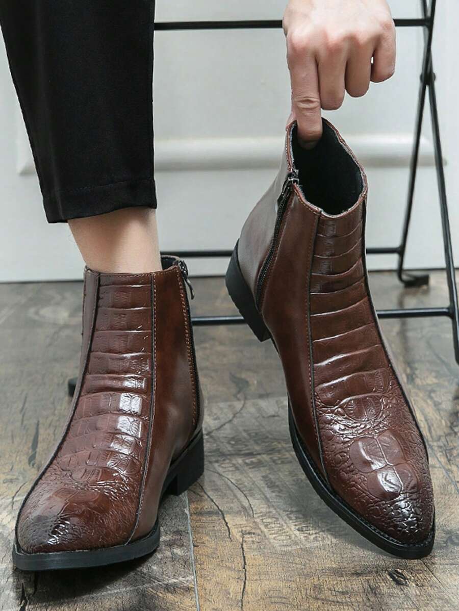 男士冬季靴子,英式高筒皮靴,尖頭鱷魚紋切爾西靴,商務正裝辦公室鞋,側拉鍊設計,適合派對及新郎婚鞋 - 棕色 - 查看 1