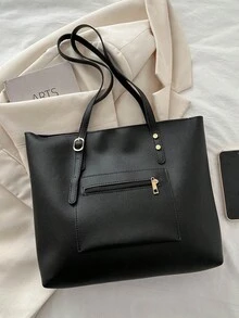 歐美復古pu休閑大容量手提袋,女式,可當肩袋或跨境行李使用 - 黑色 - 查看 7