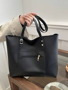 歐美復古pu休閑大容量手提袋,女式,可當肩袋或跨境行李使用 - 黑色 - 查看 3