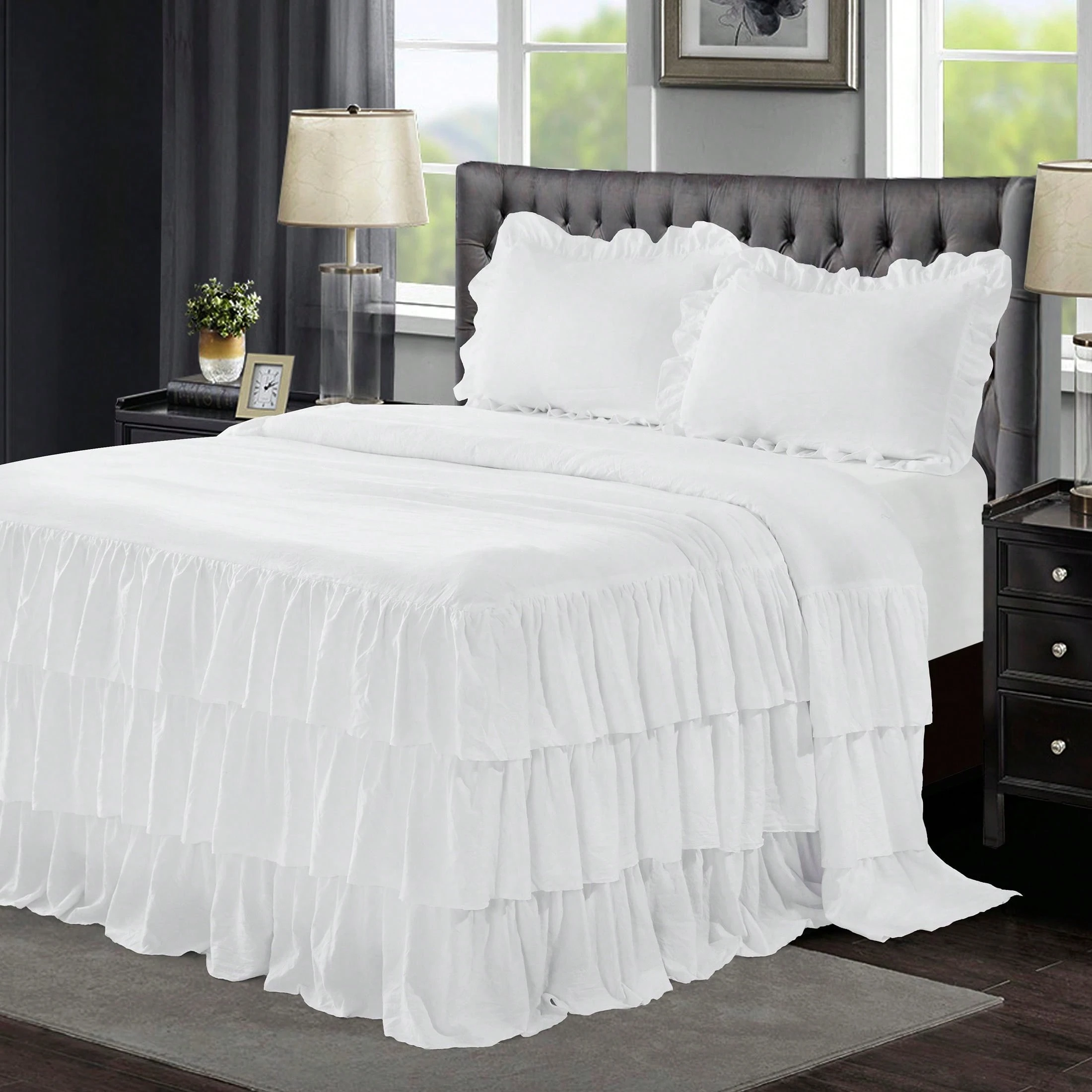 HIG 3 Piece Ruffle Skirt Bedspread Set - 30 Inches Drop Ruffled Style ...