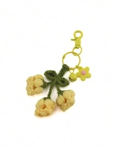 鉤針馬卡龍形風鈴花鑰匙圈包吊墜 - 黃色 - 查看 3