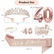 40th Birthday Gifts Decorations For Women, Including 40th Happy Birthday Cake Toppers, Birthday Queen Sash With Pearl Pin, Sweet Rhinestone Tiara Crown, Number Candles And Balloons Set - rose gold - View 3