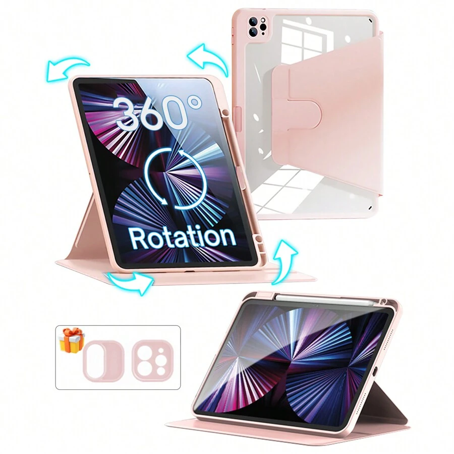 360° 旋转亚克力透明外壳带铅笔槽支架兼容 iPad Air 5 4 10.9 Pro 11 10 9 8 7 代 10.2 英寸 Mini 6 保护套外壳 - 粉色 - 查看 1