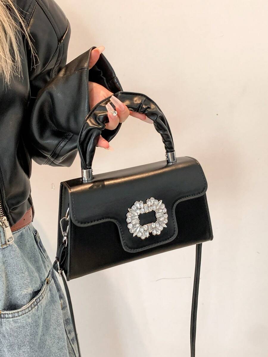1pc Fashionable Solid Color Pleated Handle Elegant Handbag, Suitable For Daily Use, Dates, Gifts For Women - Black - View 1