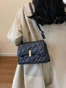 1個轉鎖扣帶蓋實色鑽石圖案復古方形包,時尚的斜挎肩包,適用於女性日常和約會使用,當作禮物也很適合 - 黑色 - 查看 3