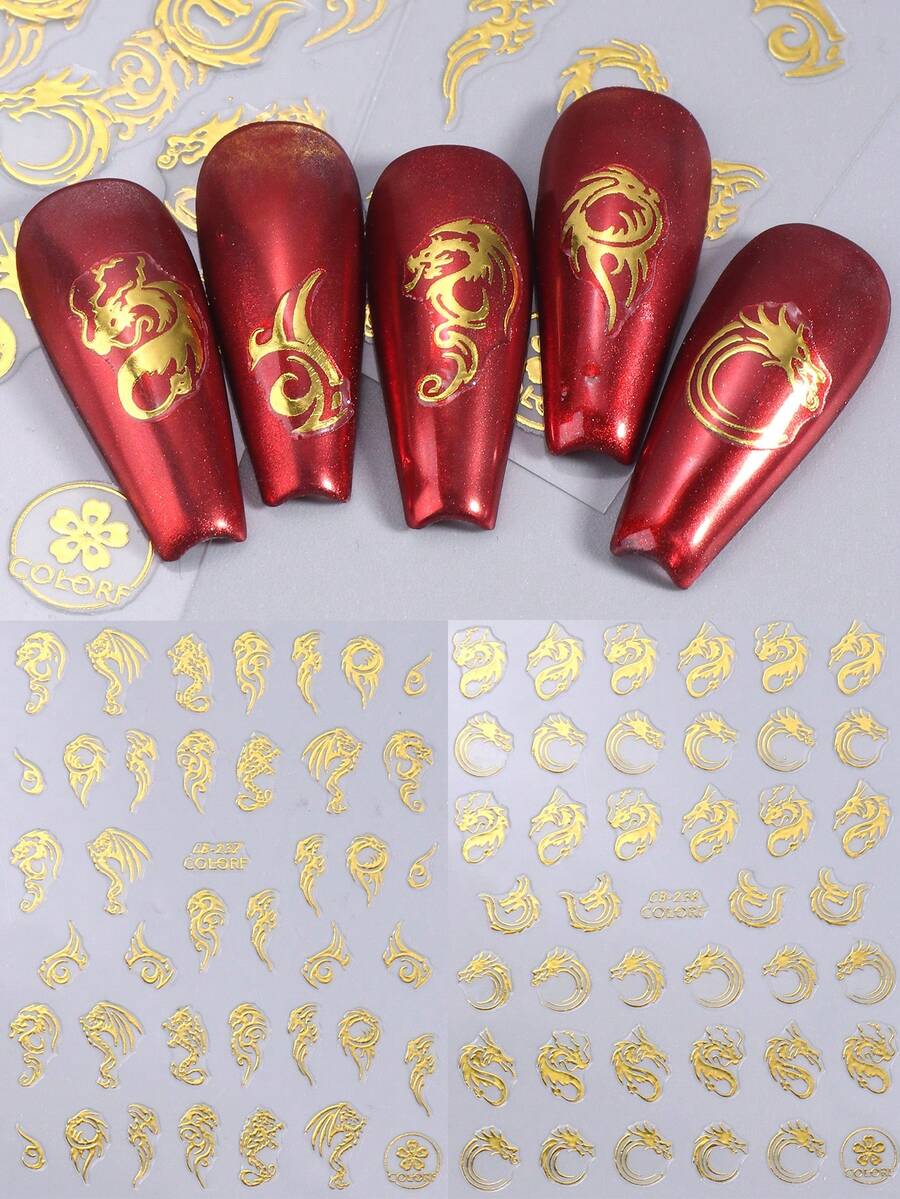 2 件裝金龍指甲貼 3d 全像自黏美甲貼花滑塊美甲裝飾 - 金色 - 查看 1