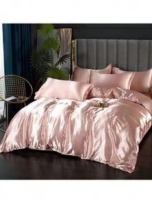 3pcs/Set Solid Color Satin Duvet Cover Set Without Filler, Imitation Silk Bedding Set(1pc Duvet Cover And 2pcs Pillowcases), Room Decor, Valentines, Winter - Hồng - Xem 4
