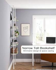 ALLZONE 5 Tiers Narrow Bookshelf, Tall Adjustable Ladder Book Shelf With Open Storage, Floor To Ceiling Tension Mount, Wooden Industrial Bookcase For Living Room, 92 To 116 Inch - Xem 4