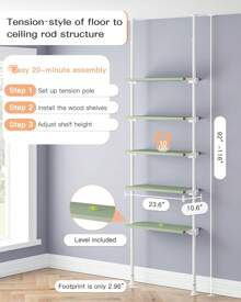 ALLZONE 5 Tiers Narrow Bookshelf, Tall Adjustable Ladder Book Shelf With Open Storage, Floor To Ceiling Tension Mount, Wooden Industrial Bookcase For Living Room, 92 To 116 Inch - Xem 6
