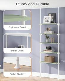 ALLZONE 5 Tiers Narrow Bookshelf, Tall Adjustable Ladder Book Shelf With Open Storage, Floor To Ceiling Tension Mount, Wooden Industrial Bookcase For Living Room, 92 To 116 Inch - Xem 5