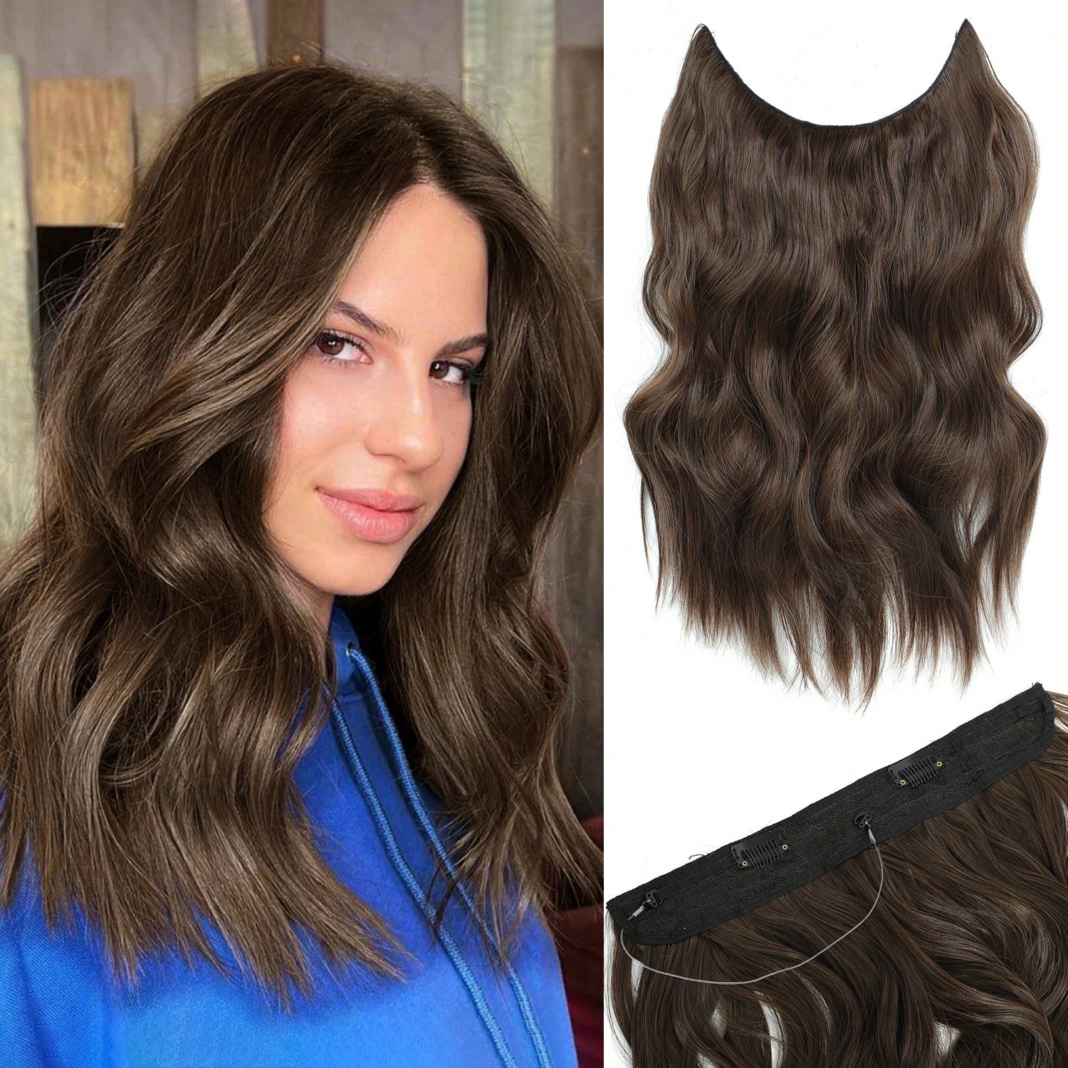 Invisible Wire Hair Extensions With Adjustable Size Removable Secure Clips,Black Brown Wavy Secret Hairpiece For Women Clip In Hair Extension (Pack Of 1)