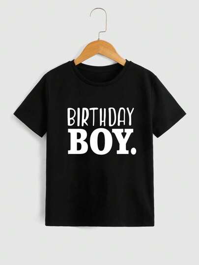 Young Boy Round Neck Casual T-Shirt With Letter Print, Simple & Stylish