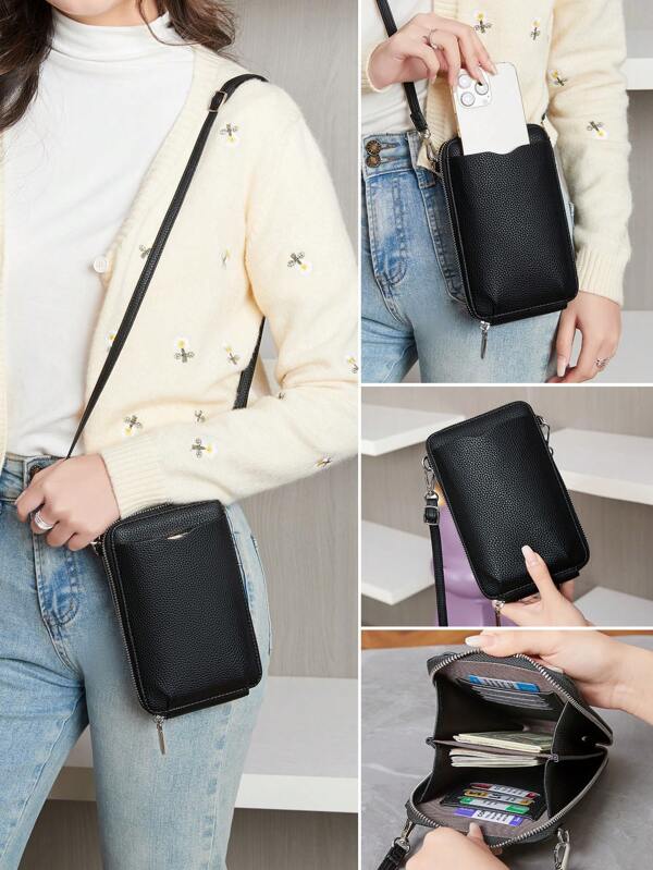 MIYIN Women's Casual PU Leather Zip Around Wallet & Mobile Phone Bag For Daily Minimalist Solid Color Crossbody Bag With Adjustable Strap Litchi Embossed Vertical Wallet With Card Slots & Front Pocket For Credit Card/ ID Card/ / Cash/Cell Phone/Bank Card For Lady & White-Collar Workers Shopping Travel Commute Office Work (Black) Phone Phone Pouch For Women Wallet Purse Wallet