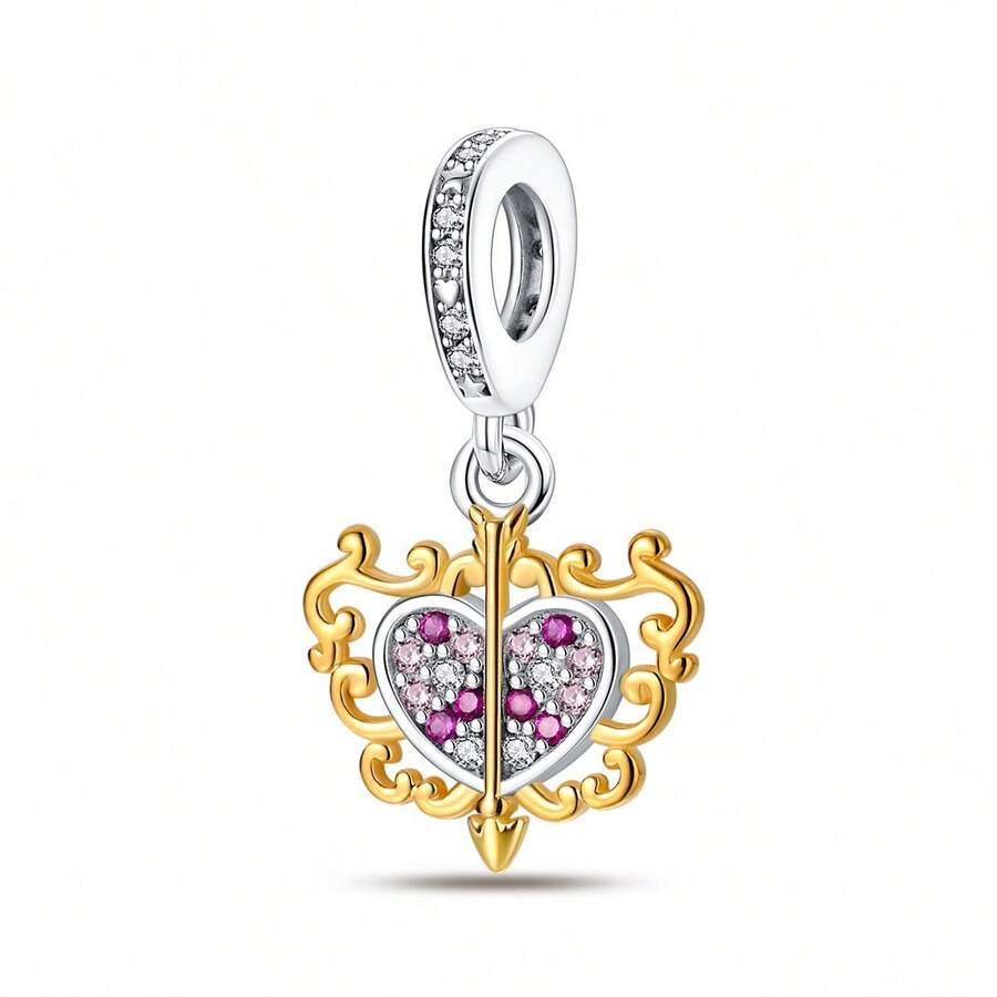 1入組帶有金色花邊和粉色cz珠子的925純銀魅力珠帶有cz重點心形圖案,適用於diy珠寶製作,新年禮物 - 銀色 - 查看 1