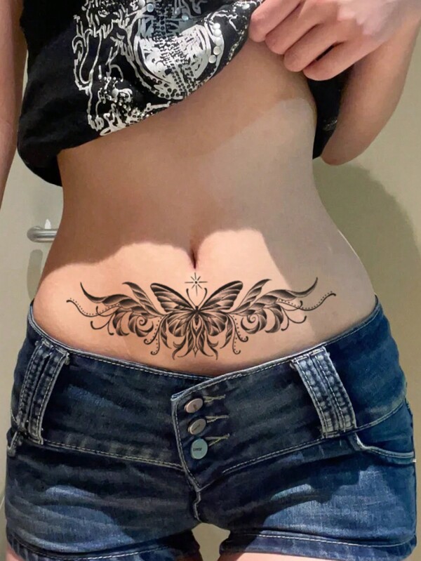 1 pieza Tatuaje temporal de mariposa sexy para mujer, impermeable, pegatina para decoración corporal unisex en abdomen, pecho, cintura, brazos, piernas, fácil de aplicar y retirar, a prueba de sudor