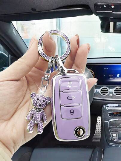 Llavero De Osito De Peluche De Diamante De Lujo De Color Púrpura + Carcasa De Llave Antideslizante De Color Violeta, Adecuado Para Uso Especial En Vw/passat/teana/sagitar/superb/douqi Yakkie/c-trek/xinrui
