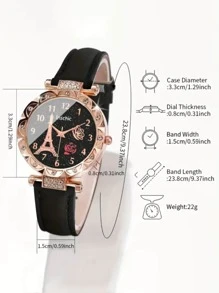 6pcs/Set Girls' Watch Eiffel Tower Design Quartz Watch, Shiny Rhinestone Analog Watch And Bracelet, Nice Gift For Kids - Black - View 5