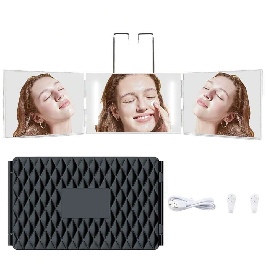 LED Light 3 Way Mirror For Hair Cutting,360 Trifold Mirror With Height Adjustable Telescoping Hooks,For Makeup, Hair Styling - Black - View 1