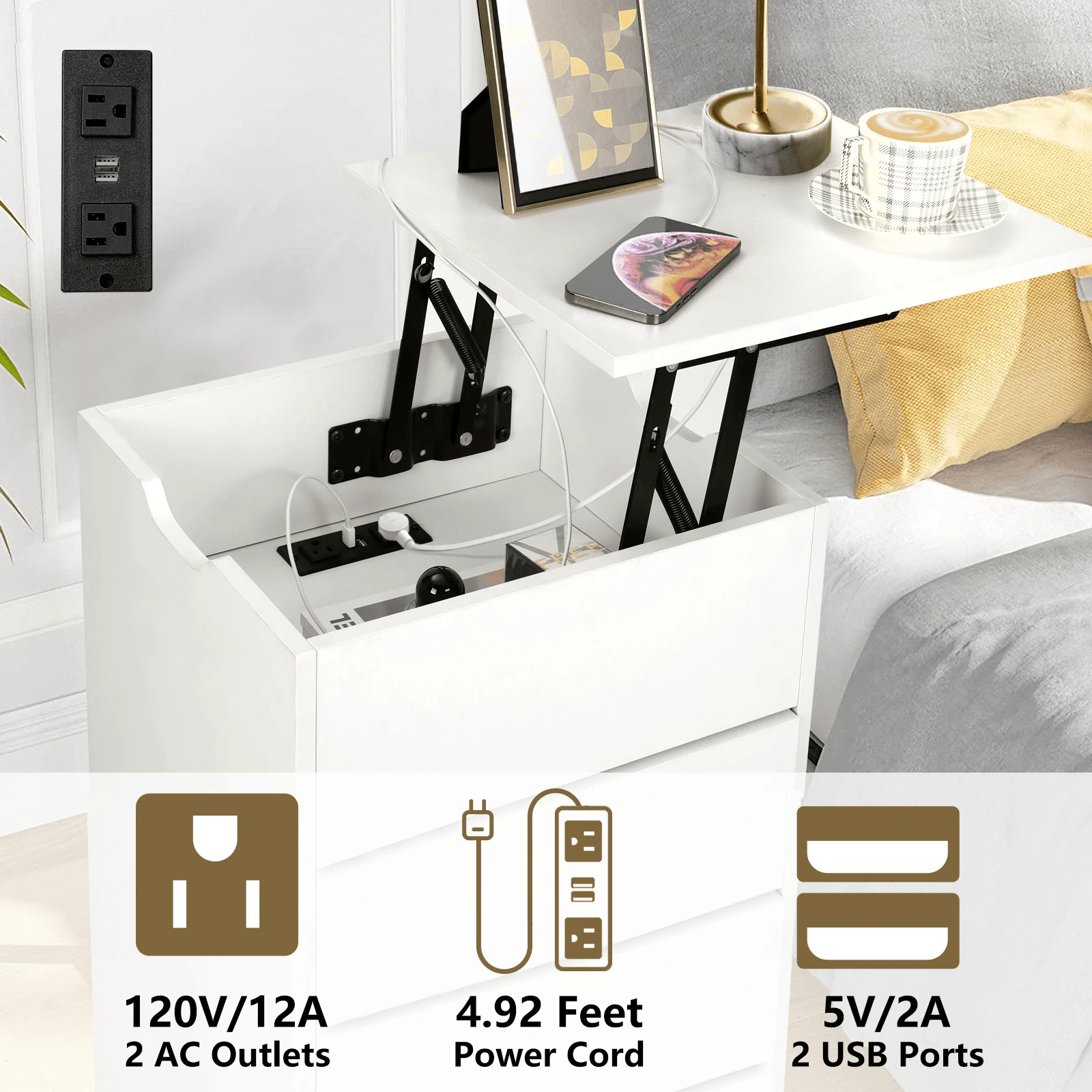 VOWNER LiftTop Nightstand With Outlets, 2 Drawers SHEIN USA