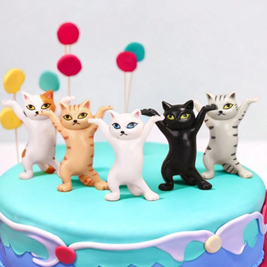5 件/套卡通防摔跳舞貓蛋糕裝飾品,可愛貓娃娃裝飾,手工藝品,耳機架,房間,辦公室,家居裝飾 - 彩色 - 查看 1