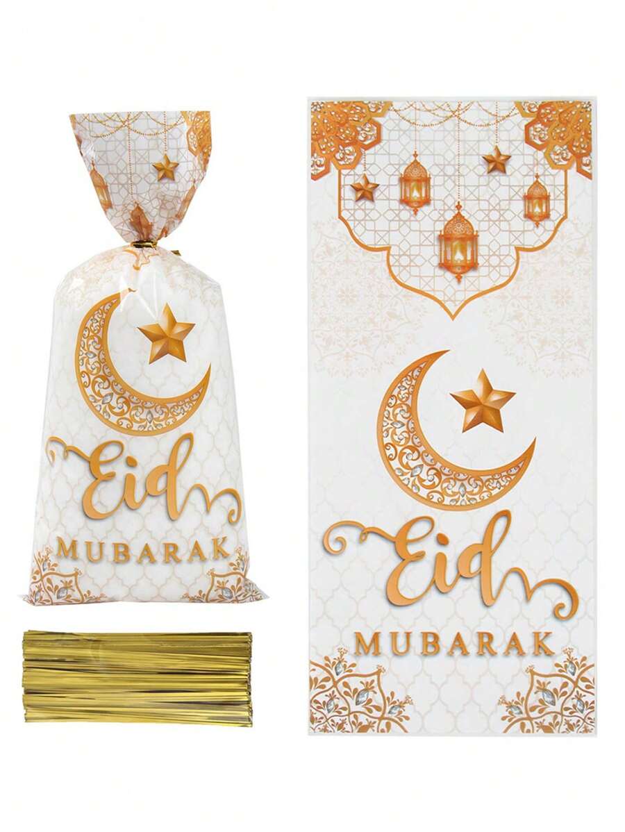 25/50/100 Pcs/Pack Plastic Cookie/Candy Bags With Metallic Gold Star And Moon Pattern, Suitable For Festival Gift Packaging - Multicolor - View 1