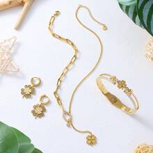 1套/4入組法式復古金色心形幸運四葉草和幾何不銹鋼珠寶套裝：優雅女士分層項鍊、耳環、手鍊 - 金色 - 查看 9