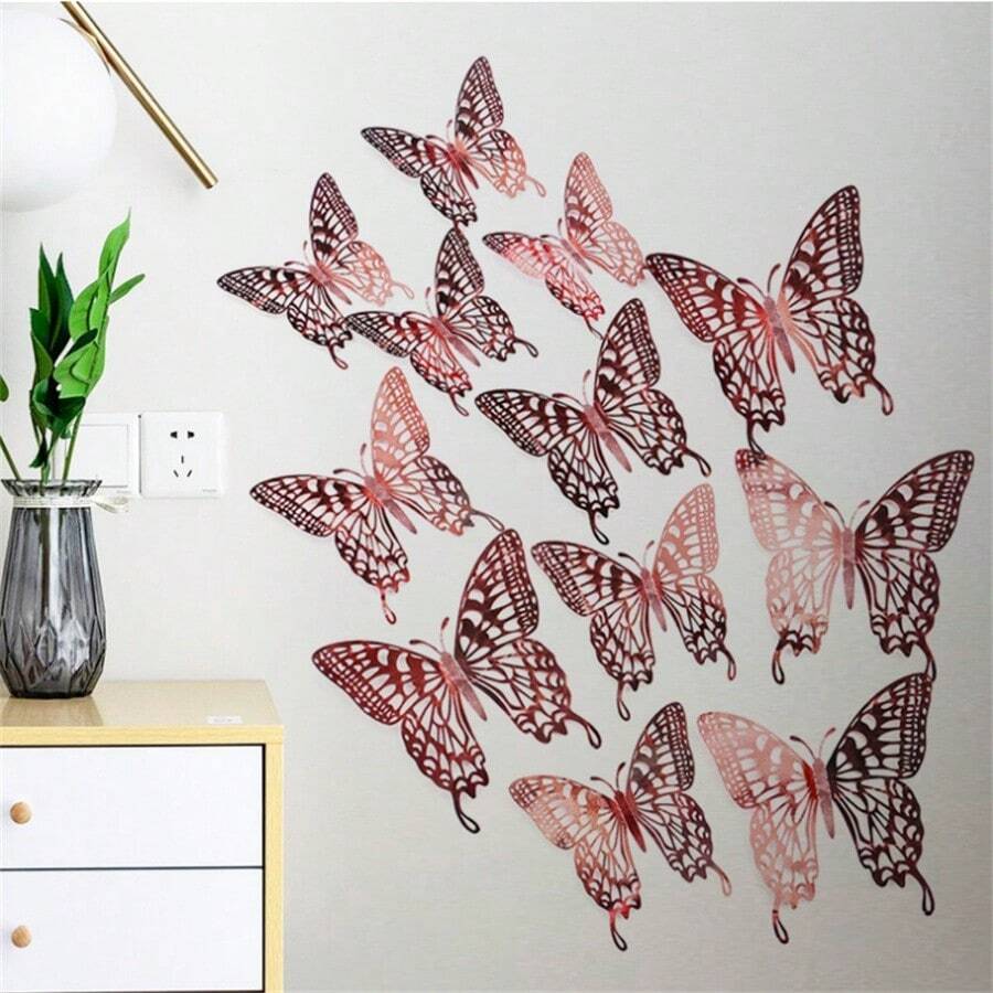 12pcs 3d Butterfly Wall Stickers, Hollow Out Paper Butterflies Decals For Living Room, Study And Home Decoration - Redwood - View 1