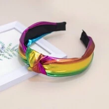 1 大女孩金屬色彩pu皮革髮箍,彩虹光澤且帶有結婚細節,簡約風格,3.5厘米中等寬度不帶齒的髮箍,適合日常穿著和派對活動