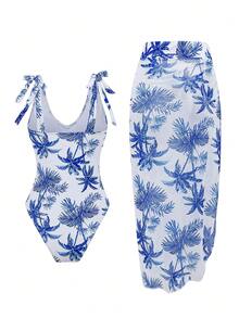 Women's Coconut Tree Print One Piece Swimsuit Set Summer
