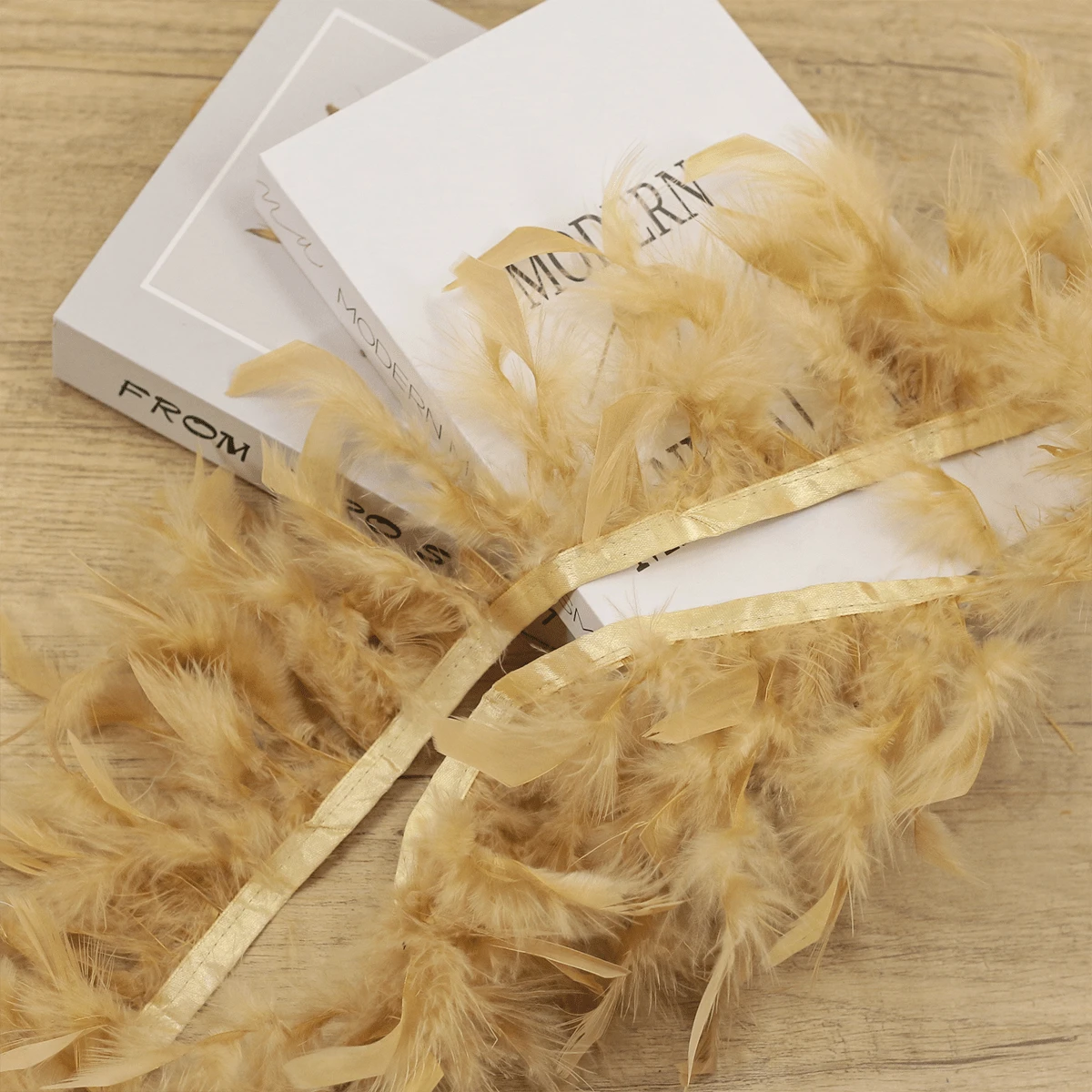 1-10m Feather Trimmed Fabric Ribbon, Elegant Accessory For Clothing, Diy Crafts, Home Decoration, Sold By Per Meter - No. 34 Khaki - View 1