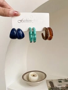 1 套 3 对/套个性化 C 形耳环，几何花边耳环套装 - 彩色 - 查看 11