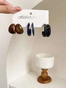 1 套 3 对/套个性化 C 形耳环，几何花边耳环套装 - 彩色 - 查看 9