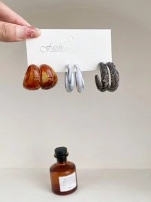 1 套 3 对/套个性化 C 形耳环，几何花边耳环套装 - 彩色 - 查看 1