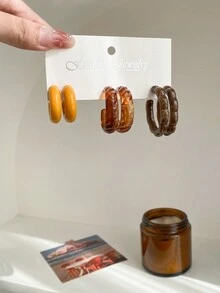 1 套 3 对/套个性化 C 形耳环，几何花边耳环套装 - 彩色 - 查看 4