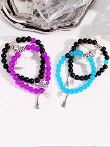 1對藍黑/粉黑色珠子吉他磁性手鐲,帶心形 - 情侶首飾 - 套裝 - 查看 10