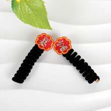 2入組新年風格毛絨螺旋髮圈，適用於兒童，傳統頭飾 - 黑色 - 查看 6