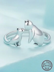 925 Sterling Silver 1pc Kissing Cats Pattern Cuff Ring For Girls Cute Animals Pets Ring Adjustable Open Ring Accessories, Ideal Choice For Children Gifts - Silver - View 5