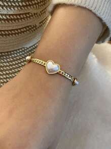Freegrow 1pc Faux Pearl & Heart Shaped Charm Stainless Steel Bracelet Suitable For Women's Daily Wear Valentines