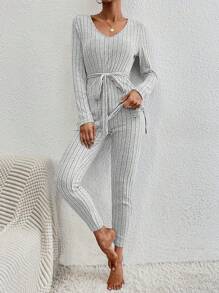 2 Piezas Conjunto De Ropa De Hogar Para Mujer De Color Sólido Simple Con Forro Polar Grueso Cuadriculado Con Correa, Ajustado Con Cintura De Cuello En V - Gris - Ver 5