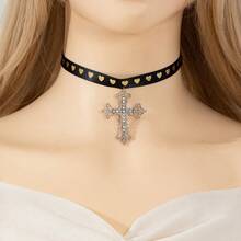 1pc Black Heart Pendant Necklace With Silver Rhinestone Decorate Cross Pendant, Ins Style Personalized Jewelry For Women - Multicolor - View 1