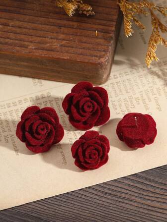 2對/組女士紅色絲絨花卉設計耳釘