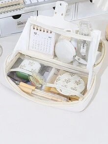 1pc Khaki Color Three-Layer Volcano Pen Case, Japanese Style Retro Large Capacity Stationery Bag - Khaki - View 3