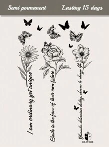 CAT QUEEN ART Tatuaje temporal semipermanente con patrón de mariposa, flores, margaritas y palabras con jugo herbal, duración de 7-14 días sin desvanecimiento ni deslumbramiento, adecuado para brazo, muñeca, pecho, abdomen, espalda, 1 pieza,tatuajes maquina para tatuar tatuajes falsos