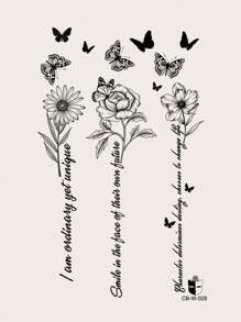 CAT QUEEN ART Tatuaje temporal semipermanente con patrón de mariposa, flores, margaritas y palabras con jugo herbal, duración de 7-14 días sin desvanecimiento ni deslumbramiento, adecuado para brazo, muñeca, pecho, abdomen, espalda, 1 pieza,tatuajes maquina para tatuar tatuajes falsos